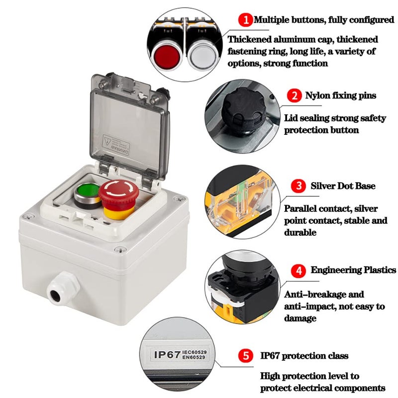 QL-LINRUN Push Button Box Ip67 Button Switch with Emergency Stop Button Green Push Button with Protective Cover Anti-Misoperation Switch(Ac/Dc 6a-110v/3a-240v/2.5a-380v) - Image 2